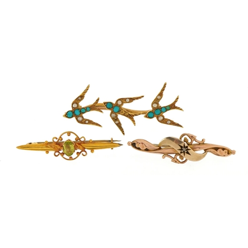 1120 - Three antique and later gold brooches including a swallow design example set with turquoise and seed... 