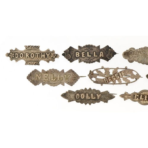 1146 - Nine Victorian silver name brooches including Edith, Dolly and Maud, the largest 4.5cm wide, total 2... 