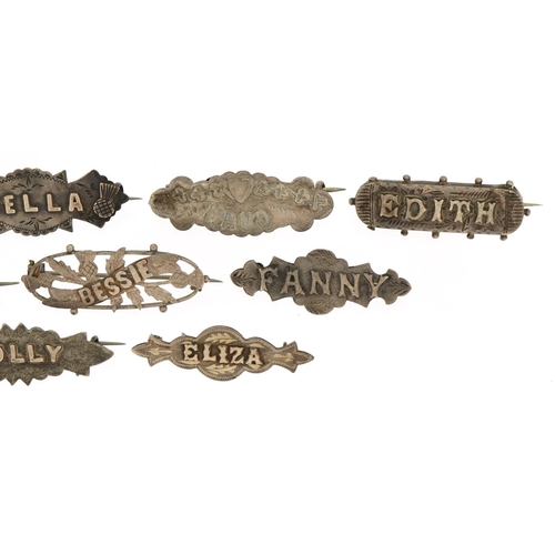 1146 - Nine Victorian silver name brooches including Edith, Dolly and Maud, the largest 4.5cm wide, total 2... 