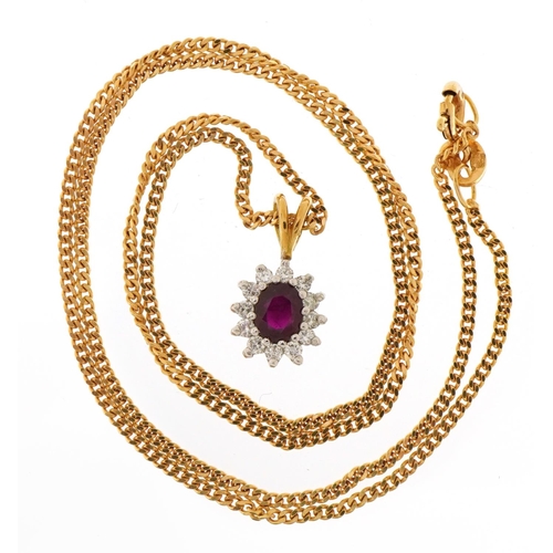 1117 - 18ct gold ruby and diamond cluster pendant on a 9ct gold curb link necklace, 1.5cm high and 41cm in ... 