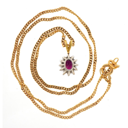 1117 - 18ct gold ruby and diamond cluster pendant on a 9ct gold curb link necklace, 1.5cm high and 41cm in ... 