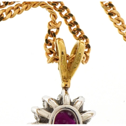 1117 - 18ct gold ruby and diamond cluster pendant on a 9ct gold curb link necklace, 1.5cm high and 41cm in ... 