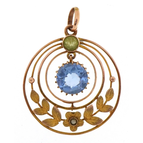 1099 - Edwardian 9ct rose gold peridot, blue stone and seed pearl drop pendant, 3.5cm high, 3.6g