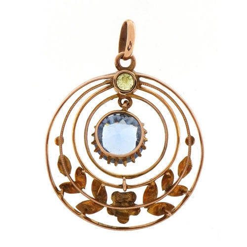 1099 - Edwardian 9ct rose gold peridot, blue stone and seed pearl drop pendant, 3.5cm high, 3.6g