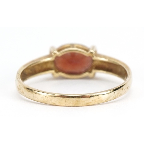 1428 - 9ct gold garnet solitaire ring, size N, 1.9g
