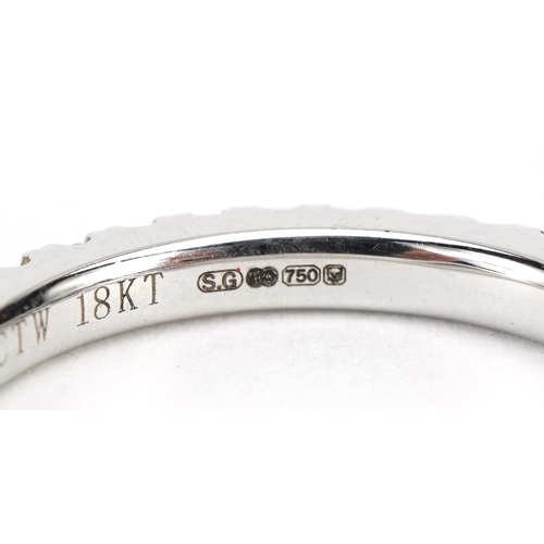 1145 - 18ct white gold sapphire and diamond half eternity ring, the band stamped 0.12ct, size L, 2.9g