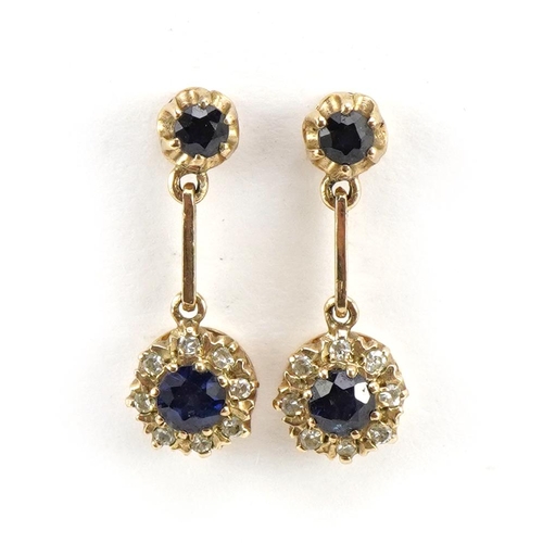 1063 - Pair of 9ct gold sapphire and diamond cluster drop earrings, 1.9cm high, 2.1g