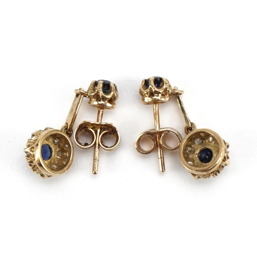 1063 - Pair of 9ct gold sapphire and diamond cluster drop earrings, 1.9cm high, 2.1g
