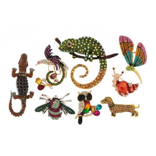 1593 - Eight jewelled and enamel animal and insect brooches including Dachshund, butterfly and crocodile, t... 