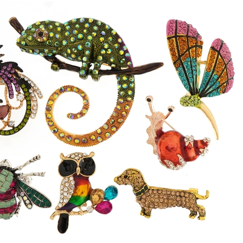 1593 - Eight jewelled and enamel animal and insect brooches including Dachshund, butterfly and crocodile, t... 