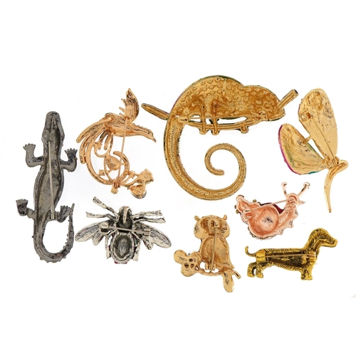 1593 - Eight jewelled and enamel animal and insect brooches including Dachshund, butterfly and crocodile, t... 