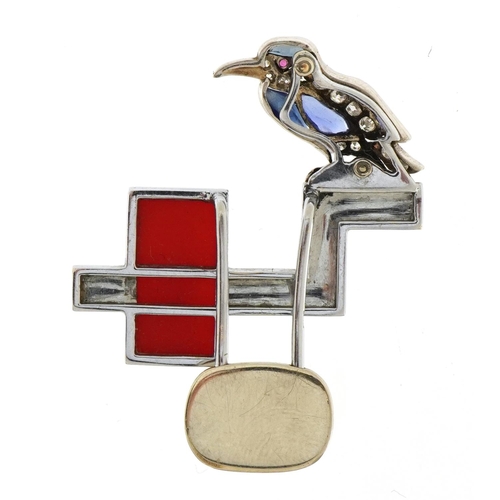 1021 - Artur Tuschak, Austrian 14ct gold Art Deco bird brooch or lapel pin set with diamonds, sapphires and... 