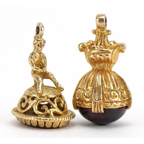 1105 - Two 9ct gold seal fobs, one set with a carnelian, the largest 2.4cm high, total 8.8g