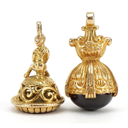 1105 - Two 9ct gold seal fobs, one set with a carnelian, the largest 2.4cm high, total 8.8g