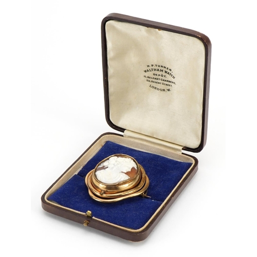 1564 - Antique yellow metal cameo mourning brooch with rotating centre housed in a H P Turner Waltham watch... 