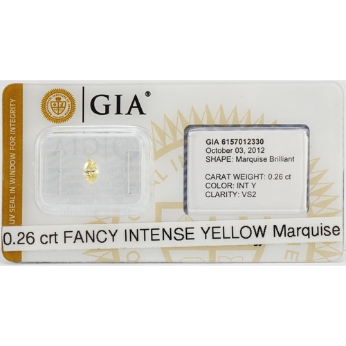 1080 - Loose fancy intense yellow marquise brilliant cut diamond with GIA certificate, 0.26 carat, clarity ... 