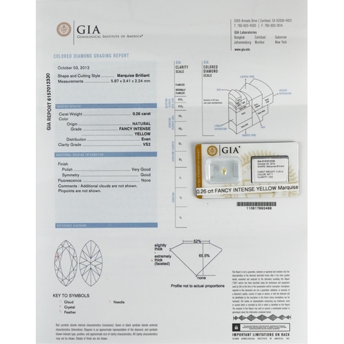 1080 - Loose fancy intense yellow marquise brilliant cut diamond with GIA certificate, 0.26 carat, clarity ... 