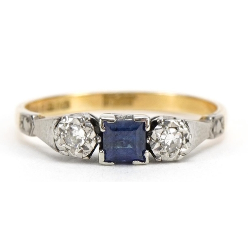 1155 - 18ct gold and platinum sapphire and diamond three stone ring, the sapphire approximately 3.6mm x 3.7... 