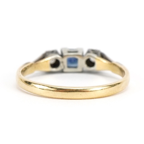 1155 - 18ct gold and platinum sapphire and diamond three stone ring, the sapphire approximately 3.6mm x 3.7... 