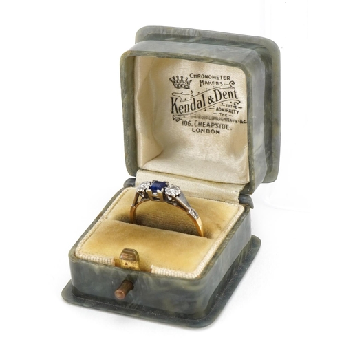 1155 - 18ct gold and platinum sapphire and diamond three stone ring, the sapphire approximately 3.6mm x 3.7... 