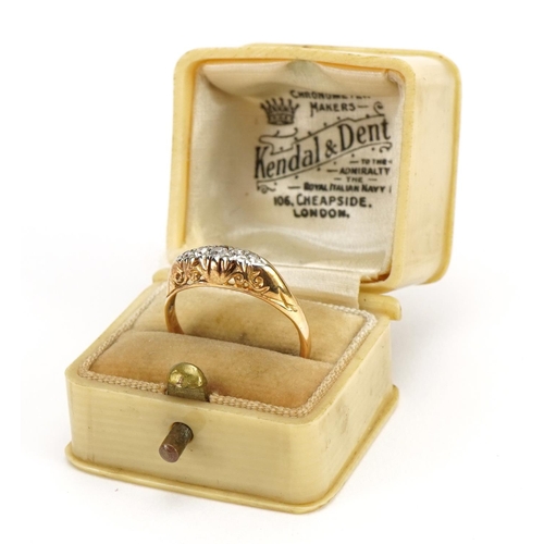 1112 - 18ct gold diamond five stone ring housed in a Kendal & Dent box, size N, 2.2g