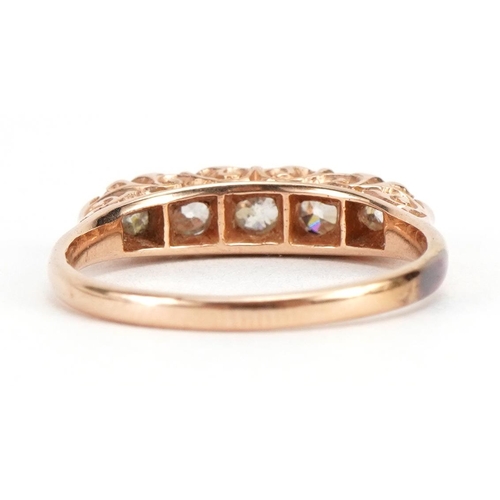 1030 - Unmarked rose gold diamond five stone ring housed in an H Venables leather box, the largest diamond ... 
