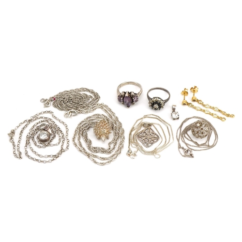 1548 - Silver and white metal jewellery including a pair of silver gilt clear stone drop earrings, solitair... 