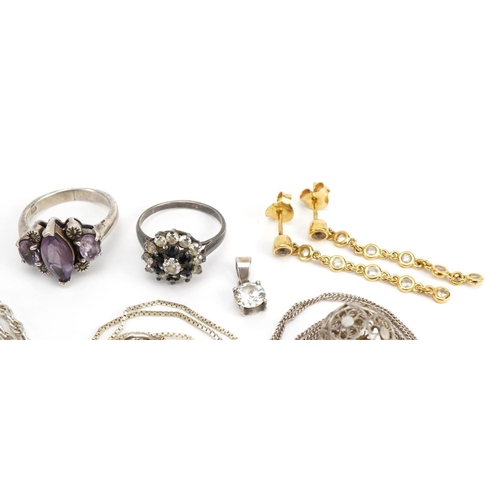 1548 - Silver and white metal jewellery including a pair of silver gilt clear stone drop earrings, solitair... 