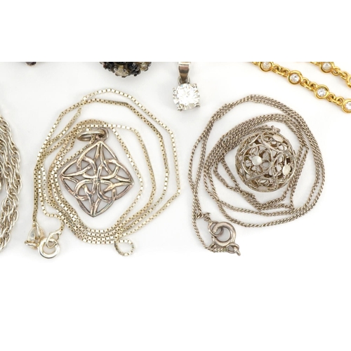 1548 - Silver and white metal jewellery including a pair of silver gilt clear stone drop earrings, solitair... 