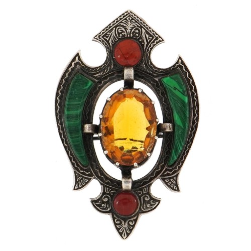 1549 - Scottish unmarked silver malachite and citrine brooch, 5.5cm high, 20.0g