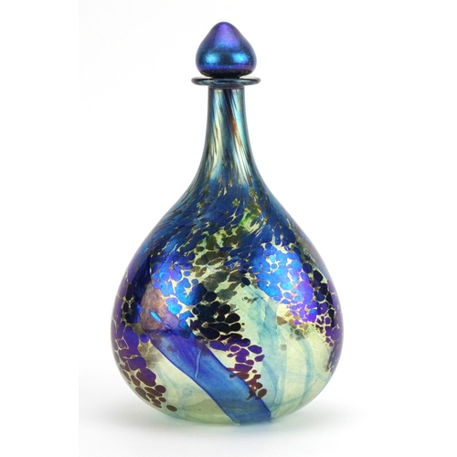 26 - Siddy Langley, large iridescent art glass scent bottle with stopper, etched Siddy Langley 1998 aroun... 