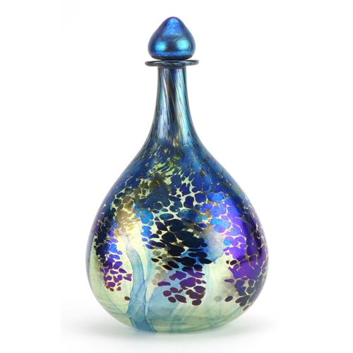 26 - Siddy Langley, large iridescent art glass scent bottle with stopper, etched Siddy Langley 1998 aroun... 
