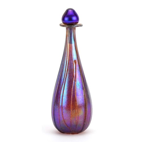 27 - Siddy Langley, large iridescent art glass scent bottle with stopper, etched Siddy Langley around the... 