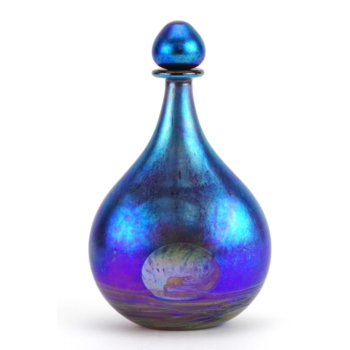 28 - Siddy Langley, large iridescent art glass scent bottle with stopper, etched Siddy Langley 2002 aroun... 