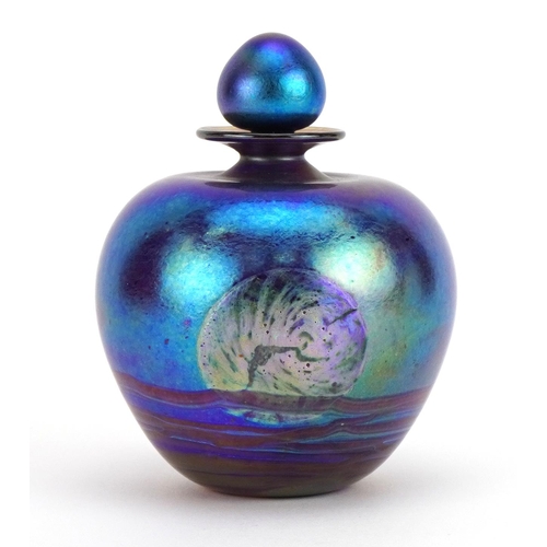 29 - Siddy Langley, large iridescent art glass scent bottle with stopper, etched Siddy Langley 2002 to th... 