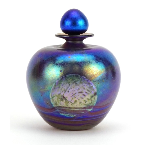 29 - Siddy Langley, large iridescent art glass scent bottle with stopper, etched Siddy Langley 2002 to th... 