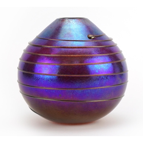 24 - Siddy Langley, iridescent art glass vase with trailed decoration, etched Siddy Langley 2004 around t... 