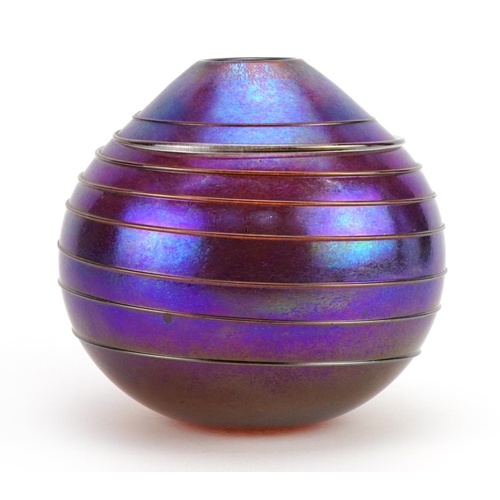 24 - Siddy Langley, iridescent art glass vase with trailed decoration, etched Siddy Langley 2004 around t... 