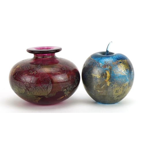 63 - Isle of Wight iridescent art glassware comprising a vase and apple paperweight, each with paper labe... 