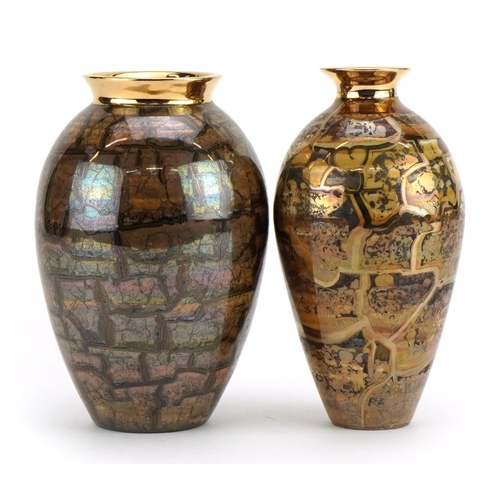 45 - Atkinson Jones, two contemporary lustreware vases having brown crackle glazes, each 16.5cm high