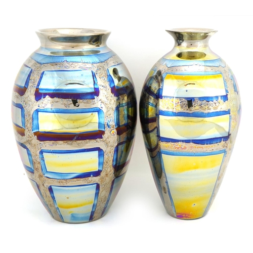 48 - Atkinson Jones, two contemporary lustreware vases having silvered block design glazes, each 16.5cm h... 