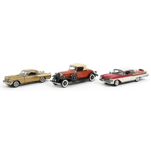 323 - Three Frankin Mint Precision diecast vehicles with boxes comprising 1932 Cadillac V-16 Roadster, 195... 