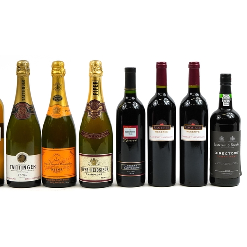 126 - Nine bottles of Champagne, port and red wine including Veuve Clicquot Ponsardin, Taittinger and Just... 