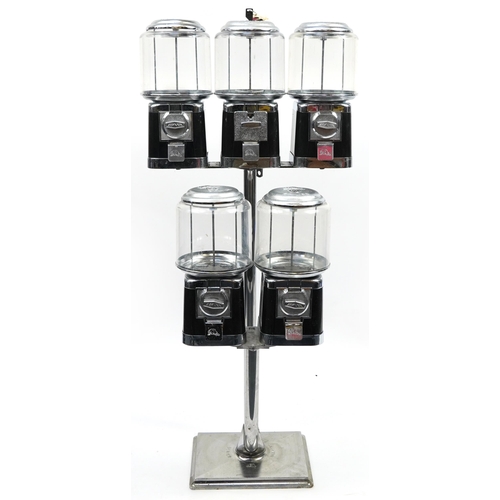 140 - Set of five vintage Beaver sweet vending machines on stand, overall 126cm H x 60cm W x 45cm D