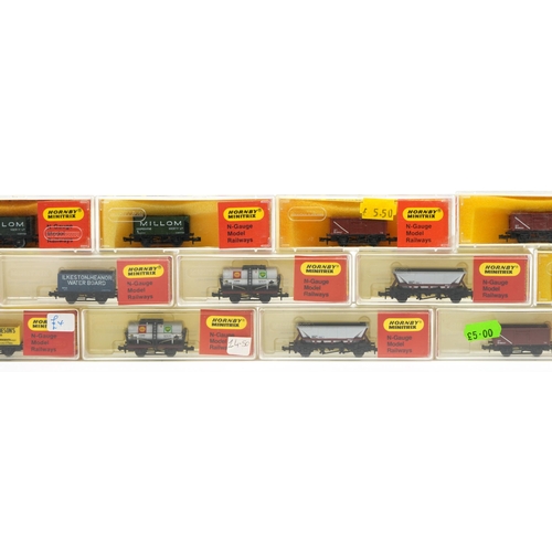 Fifteen Hornby Minitrix N gauge model railway tankers and wagons with cases