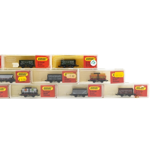 482 - Fifteen Hornby Minitrix N gauge model railway tankers and wagons with cases