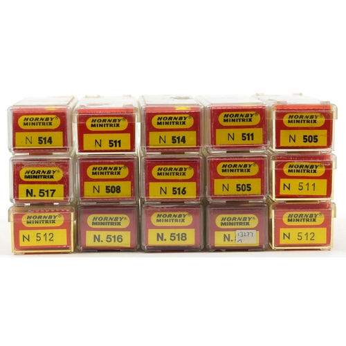 483 - Fifteen Hornby Minitrix N gauge model railway tankers and wagons with cases