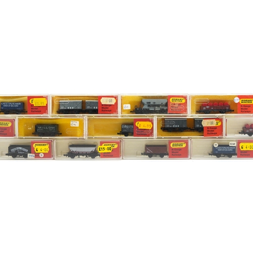 484 - Fifteen Hornby Minitrix N gauge model railway tankers and wagons with cases