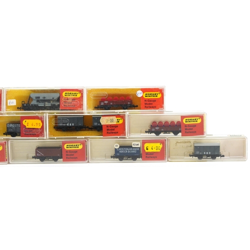 484 - Fifteen Hornby Minitrix N gauge model railway tankers and wagons with cases