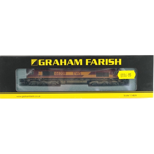 374 - Two Graham Farish N gauge model railway locomotives with cases, numbers 371-178A and 371-384